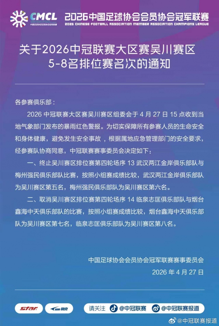 黄金甲体育-中冠官方：因暴雨终止和取消吴川赛区两场比赛，根据小组成绩排名
